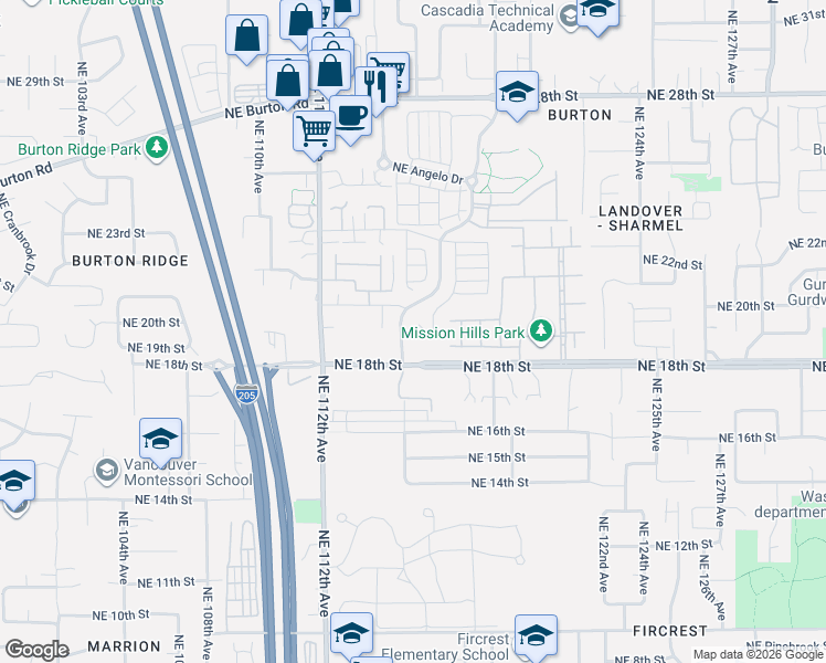 map of restaurants, bars, coffee shops, grocery stores, and more near 1900 Northeast 117th Court in Vancouver