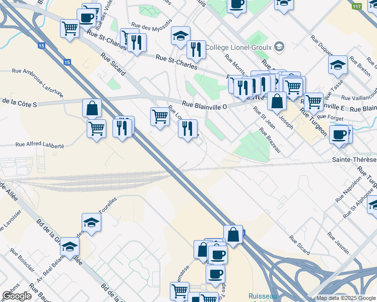 map of restaurants, bars, coffee shops, grocery stores, and more near 16 Rue Sicard in Sainte-Thérèse