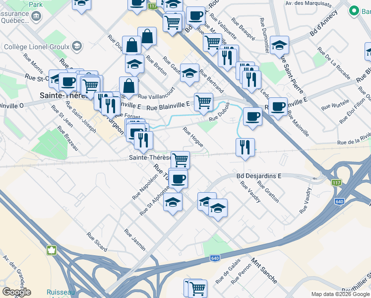 map of restaurants, bars, coffee shops, grocery stores, and more near 99 Rue des Pianos in Sainte-Thérèse