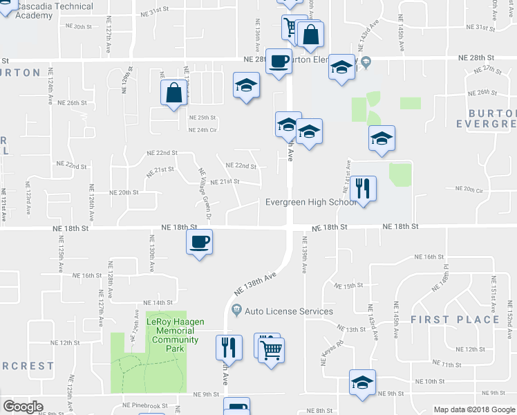 map of restaurants, bars, coffee shops, grocery stores, and more near 13600 Northeast 18th Street in Vancouver