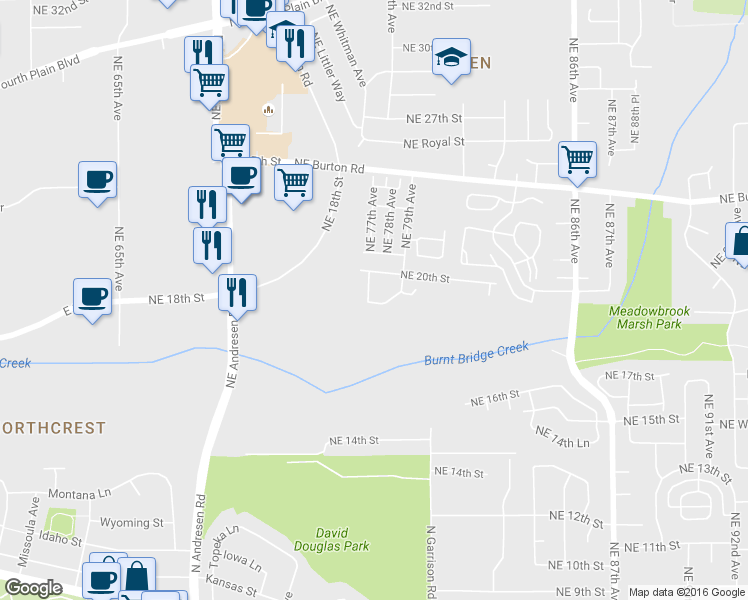 map of restaurants, bars, coffee shops, grocery stores, and more near 7719 Northeast 19th Way in Vancouver