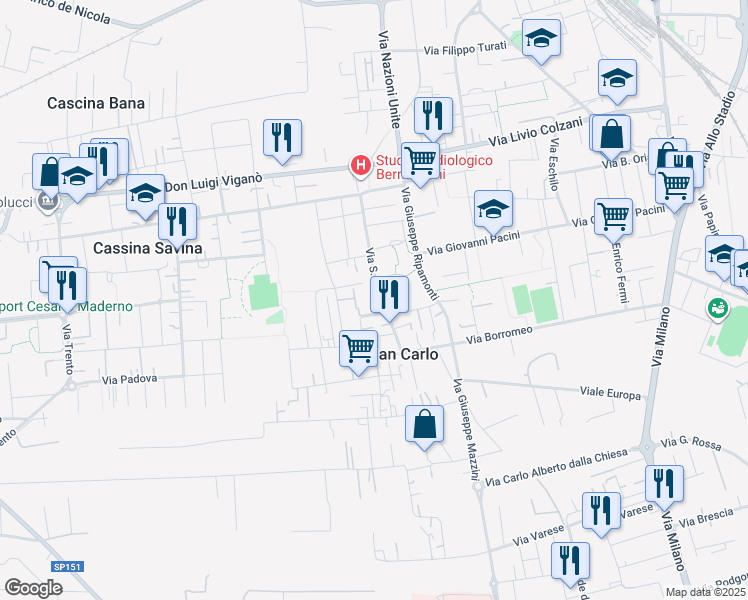 map of restaurants, bars, coffee shops, grocery stores, and more near 72-96 Via San Carlo in Seregno