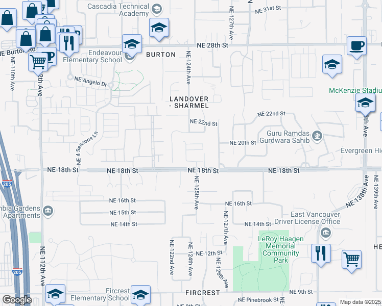 map of restaurants, bars, coffee shops, grocery stores, and more near 12407 Northeast 20th Street in Vancouver