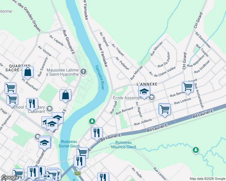 map of restaurants, bars, coffee shops, grocery stores, and more near 1625 Rue Saint-Maurice in Saint-Hyacinthe