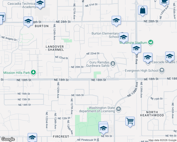 map of restaurants, bars, coffee shops, grocery stores, and more near 12922 Northeast 19th Street in Vancouver