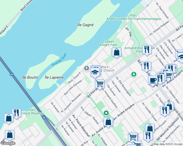 map of restaurants, bars, coffee shops, grocery stores, and more near 12611 Avenue Fernand Gauthier in Montreal