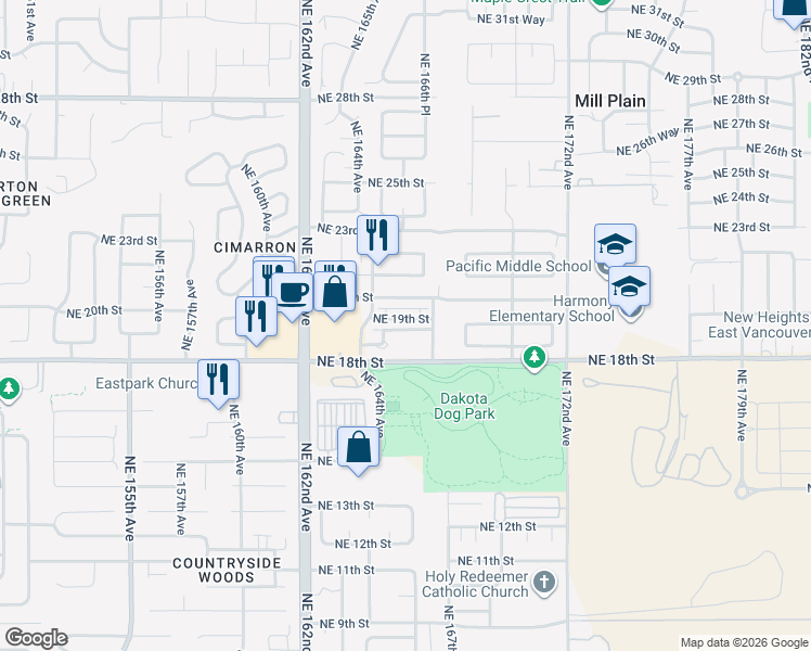 map of restaurants, bars, coffee shops, grocery stores, and more near 1802 Northeast 167th Avenue in Vancouver