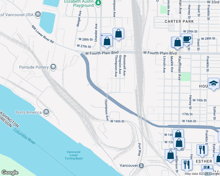map of restaurants, bars, coffee shops, grocery stores, and more near 30249 Thompson Avenue in Vancouver