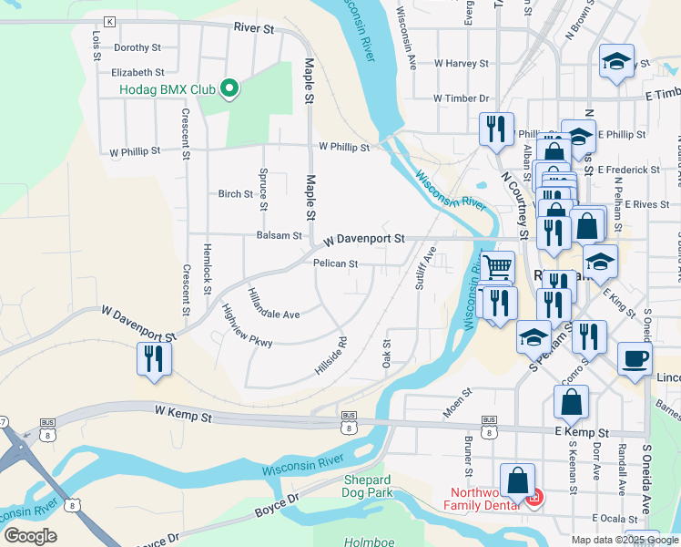 map of restaurants, bars, coffee shops, grocery stores, and more near 202 Highview Parkway in Rhinelander