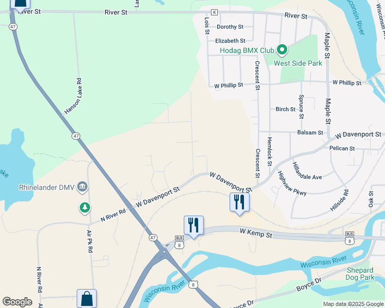 map of restaurants, bars, coffee shops, grocery stores, and more near 125 West Hill Road in Rhinelander