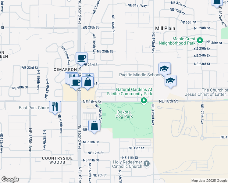 map of restaurants, bars, coffee shops, grocery stores, and more near 16607 Northeast 19th Street in Vancouver
