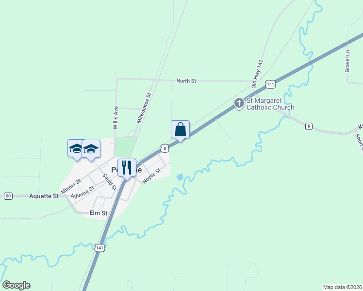 map of restaurants, bars, coffee shops, grocery stores, and more near n18760 U.S. 141 in Pembine