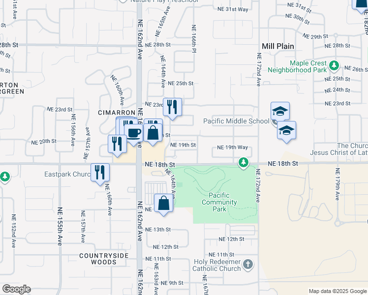 map of restaurants, bars, coffee shops, grocery stores, and more near 1802 Northeast 167th Avenue in Vancouver