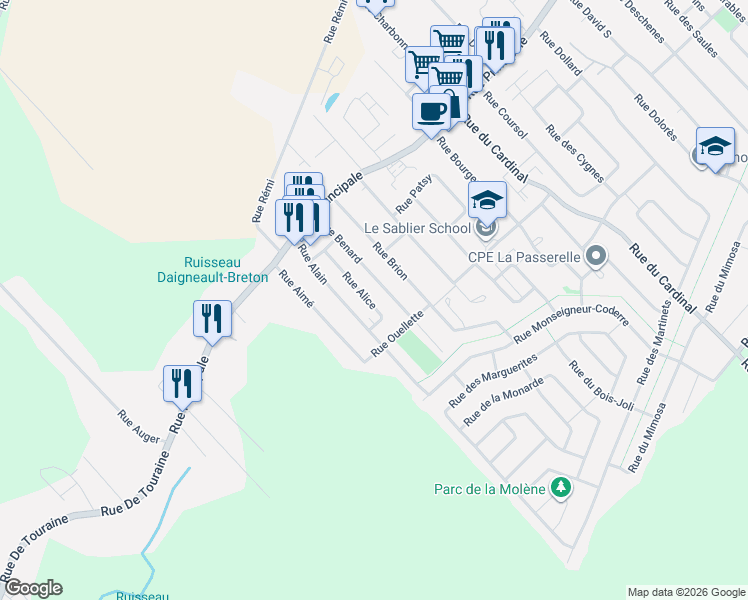 map of restaurants, bars, coffee shops, grocery stores, and more near 330 Rue Alice in Saint-Amable
