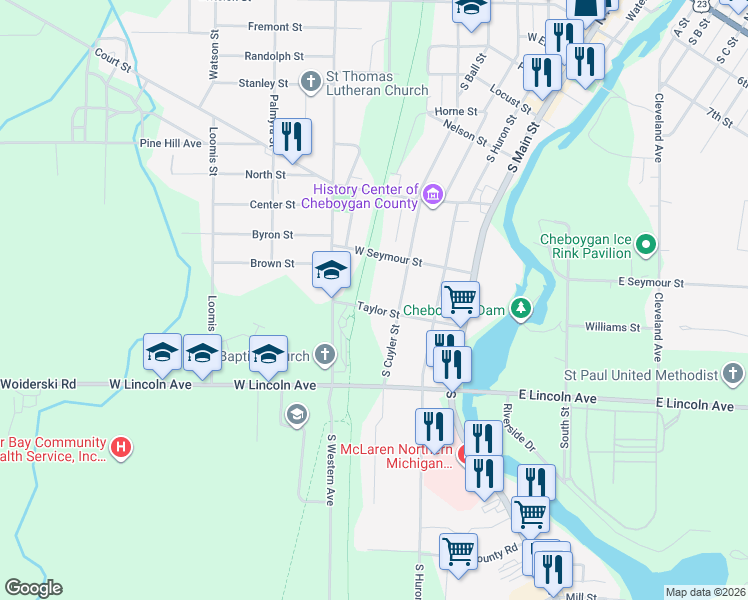 map of restaurants, bars, coffee shops, grocery stores, and more near 508 Taylor Street in Cheboygan