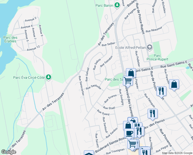 map of restaurants, bars, coffee shops, grocery stores, and more near 6275 Rue Salois in Laval