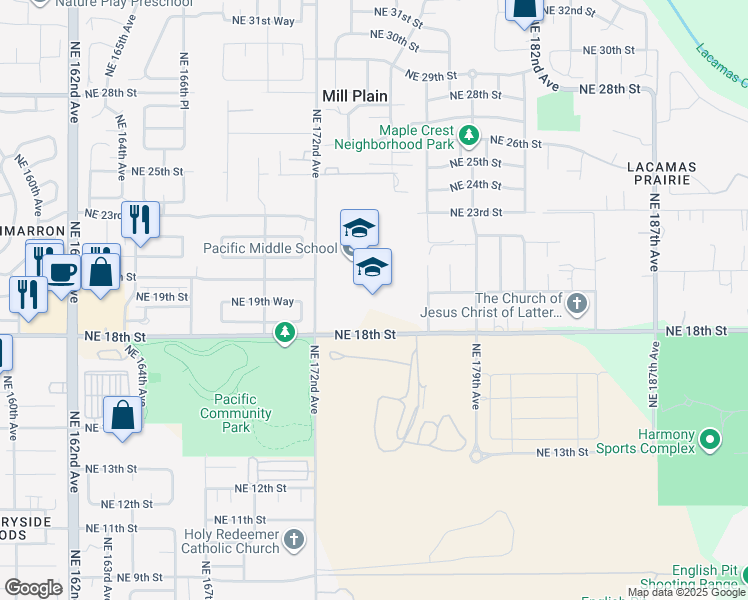 map of restaurants, bars, coffee shops, grocery stores, and more near 17404 Northeast 18th Street in Vancouver