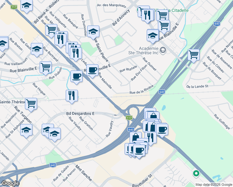 map of restaurants, bars, coffee shops, grocery stores, and more near 1 Rue Mainville in Sainte-Thã©Rã¨Se
