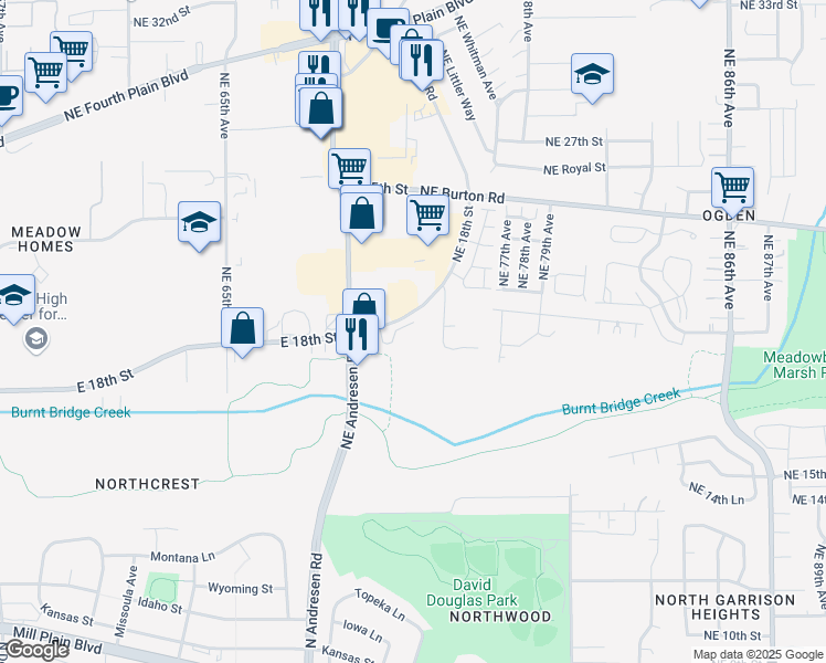 map of restaurants, bars, coffee shops, grocery stores, and more near 7301 Northeast 18th Street in Vancouver