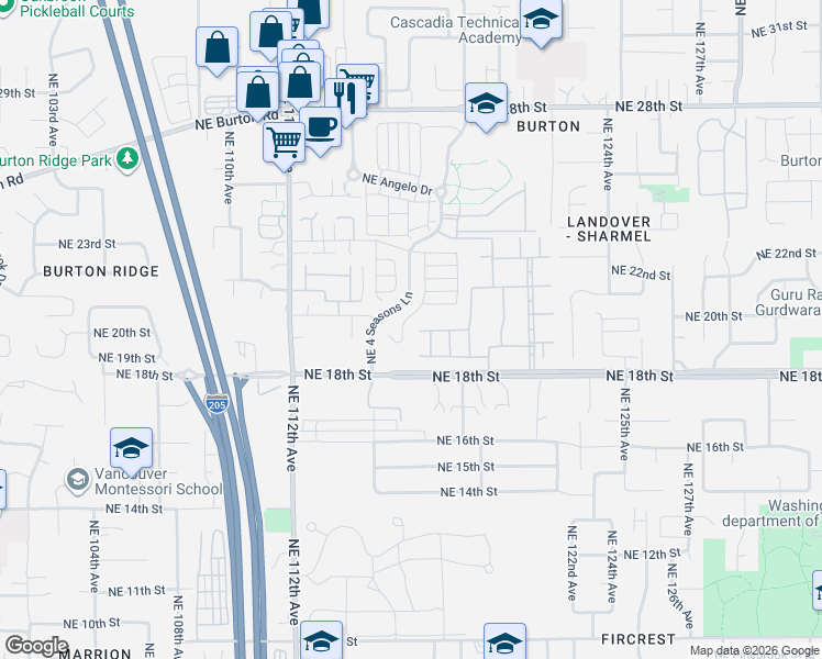 map of restaurants, bars, coffee shops, grocery stores, and more near 2037 Northeast 4 Seasons Lane in Vancouver