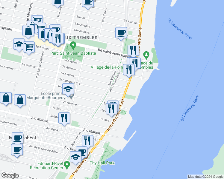 map of restaurants, bars, coffee shops, grocery stores, and more near 11754 Rue Prince-Albert in Montréal