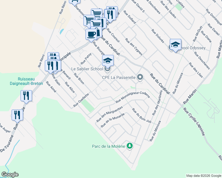 map of restaurants, bars, coffee shops, grocery stores, and more near 253 Rue Benjamin in Saint-Amable