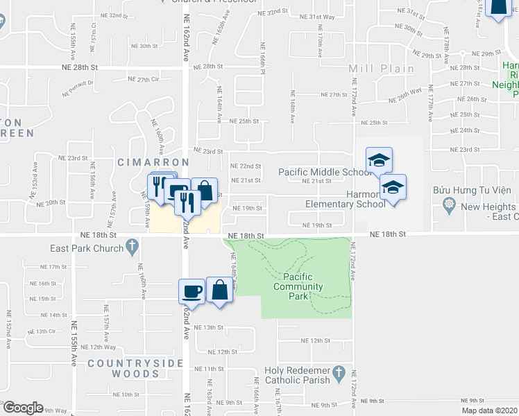 map of restaurants, bars, coffee shops, grocery stores, and more near 16600 Northeast 19th Street in Vancouver