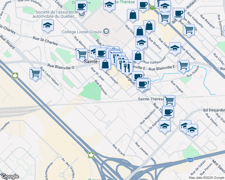 map of restaurants, bars, coffee shops, grocery stores, and more near 80 Rue Saint Jean in Sainte-Thérèse
