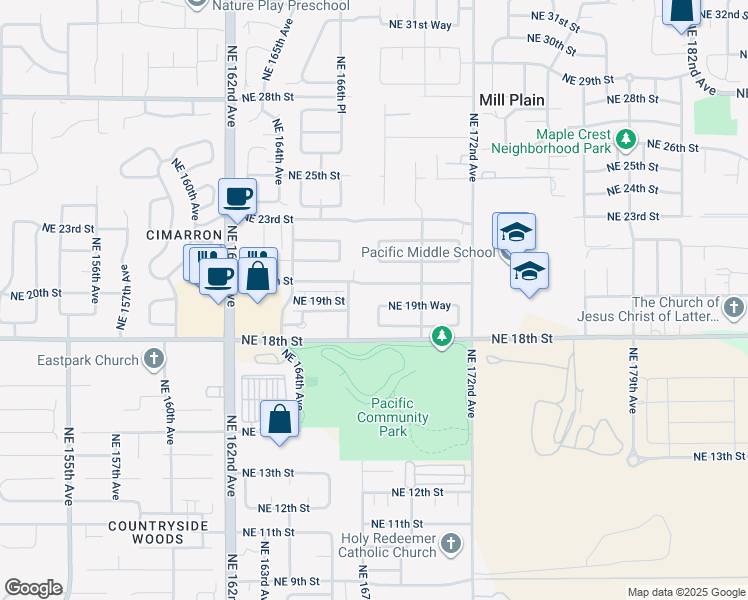 map of restaurants, bars, coffee shops, grocery stores, and more near 16707 Northeast 20th Street in Vancouver