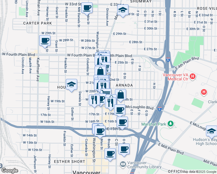 map of restaurants, bars, coffee shops, grocery stores, and more near 2031 Broadway Street in Vancouver