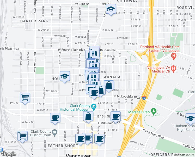 map of restaurants, bars, coffee shops, grocery stores, and more near 2031 Broadway Street in Vancouver