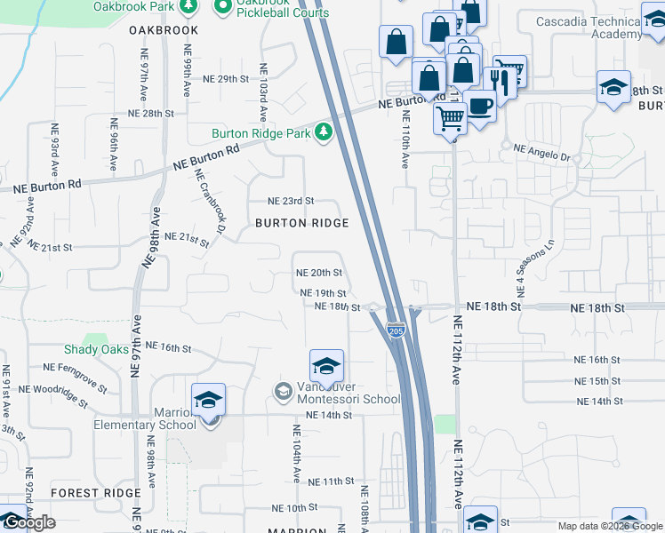 map of restaurants, bars, coffee shops, grocery stores, and more near 10600 Northeast 20th Street in Vancouver