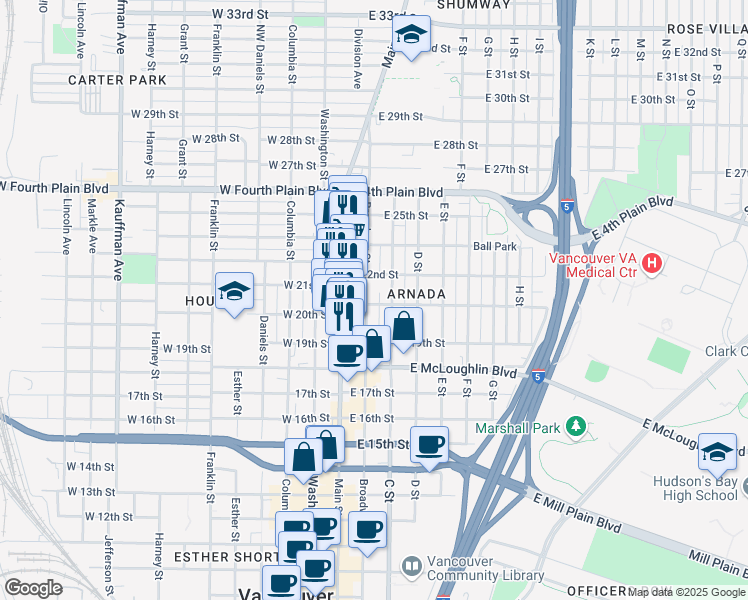 map of restaurants, bars, coffee shops, grocery stores, and more near 2031 Broadway Street in Vancouver