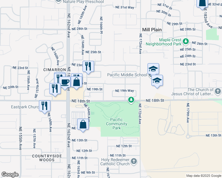 map of restaurants, bars, coffee shops, grocery stores, and more near 16707 Northeast 20th Street in Vancouver