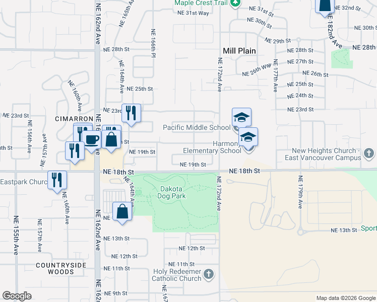 map of restaurants, bars, coffee shops, grocery stores, and more near 16924 Northeast 19th Way in Vancouver
