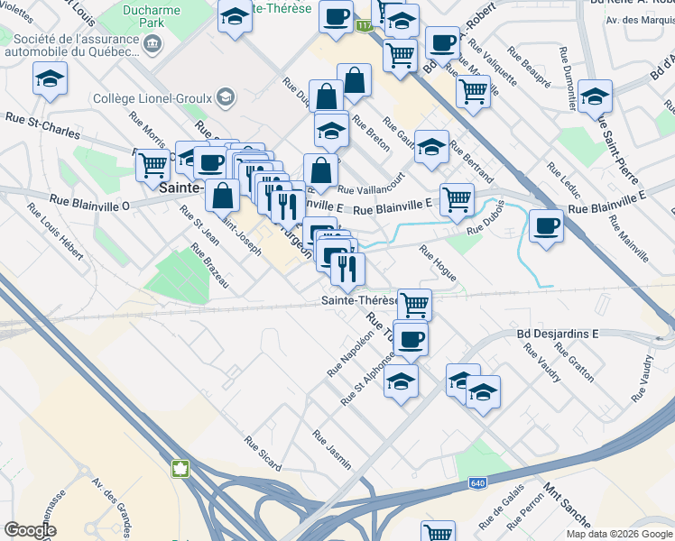map of restaurants, bars, coffee shops, grocery stores, and more near Rue Parent in Sainte-Thérèse