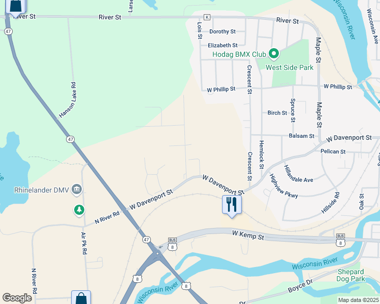 map of restaurants, bars, coffee shops, grocery stores, and more near 1610 Balsam Street in Rhinelander