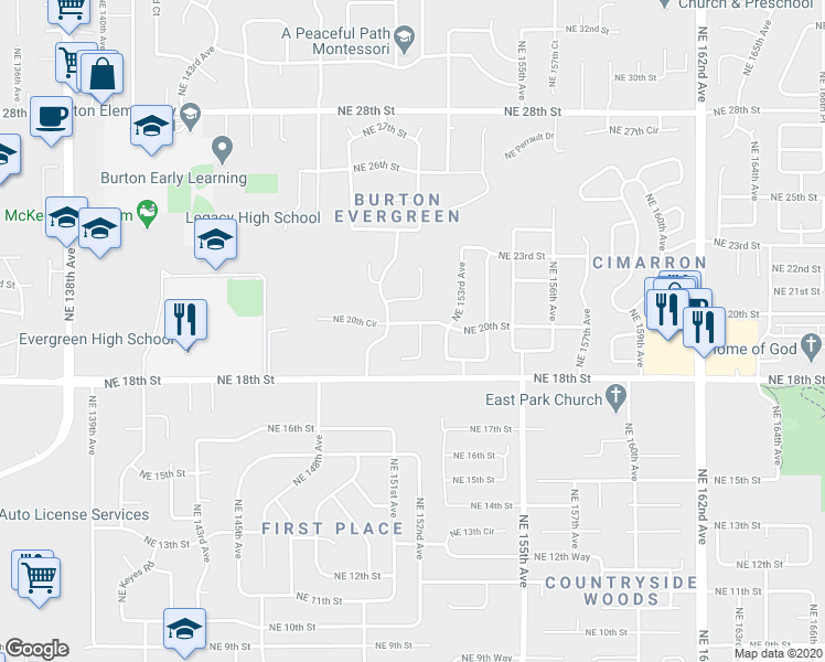 map of restaurants, bars, coffee shops, grocery stores, and more near 1920 Northeast 151st Avenue in Vancouver