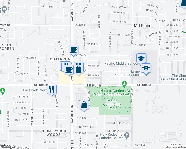map of restaurants, bars, coffee shops, grocery stores, and more near 16514 Northeast 19th Street in Vancouver