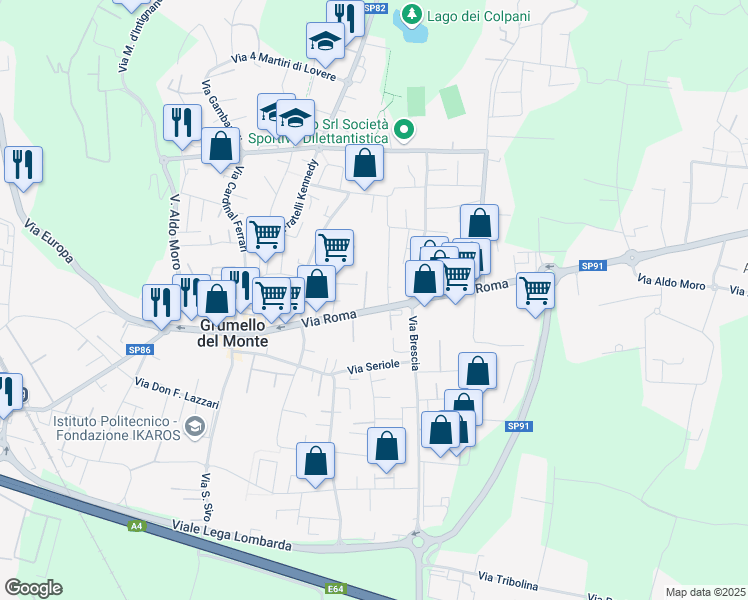 map of restaurants, bars, coffee shops, grocery stores, and more near 30 Via Trieste in Grumello del Monte