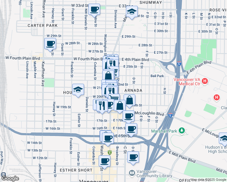map of restaurants, bars, coffee shops, grocery stores, and more near 901 Main Street in Vancouver