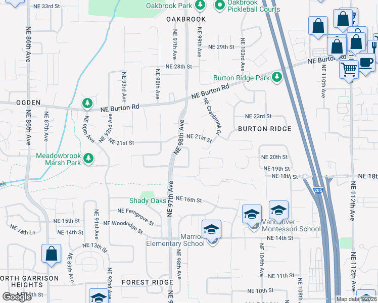 map of restaurants, bars, coffee shops, grocery stores, and more near 2008 NE 98th Loop in Vancouver