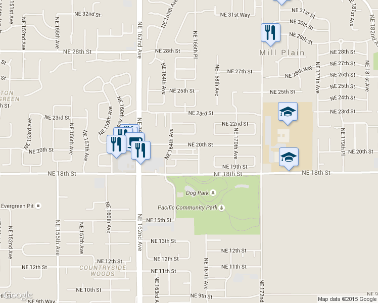map of restaurants, bars, coffee shops, grocery stores, and more near 16519 Northeast 20th Street in Vancouver