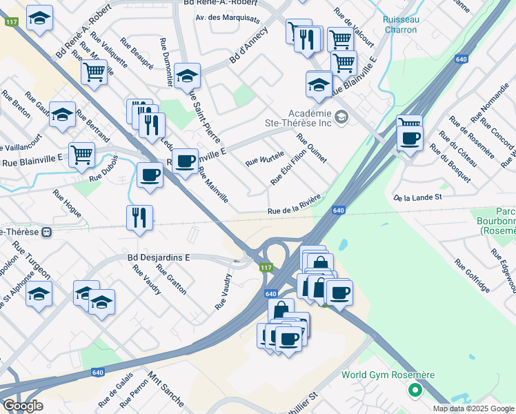 map of restaurants, bars, coffee shops, grocery stores, and more near 280 Rue de la Rivière in Sainte-Thã©Rã¨Se