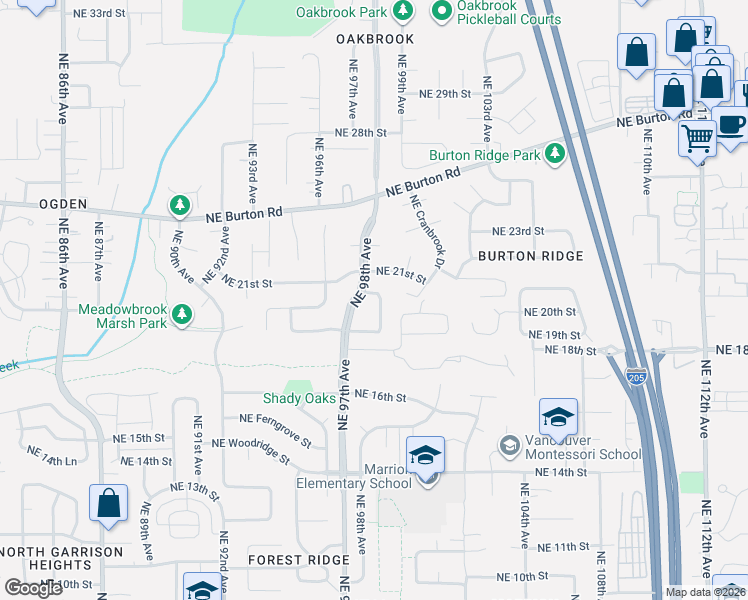 map of restaurants, bars, coffee shops, grocery stores, and more near 2008 NE 98th Loop in Vancouver