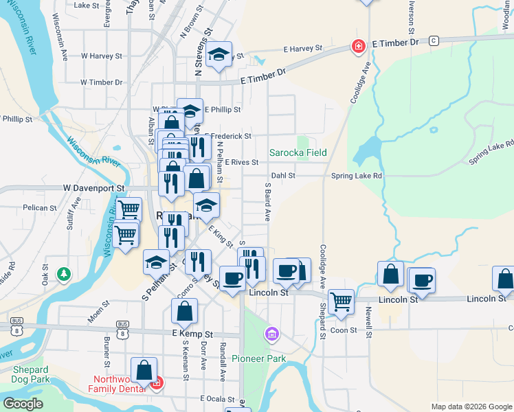 map of restaurants, bars, coffee shops, grocery stores, and more near 1 South Oneida Avenue in Rhinelander