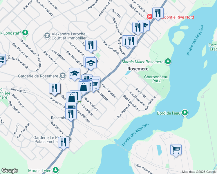 map of restaurants, bars, coffee shops, grocery stores, and more near 186 Rue Turcotte in Rosemère