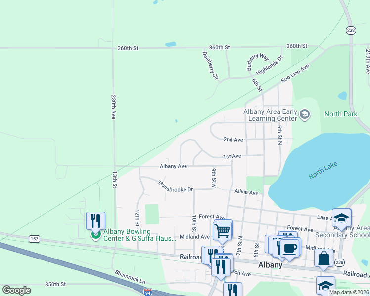 map of restaurants, bars, coffee shops, grocery stores, and more near 609 Augustana Lane in Albany