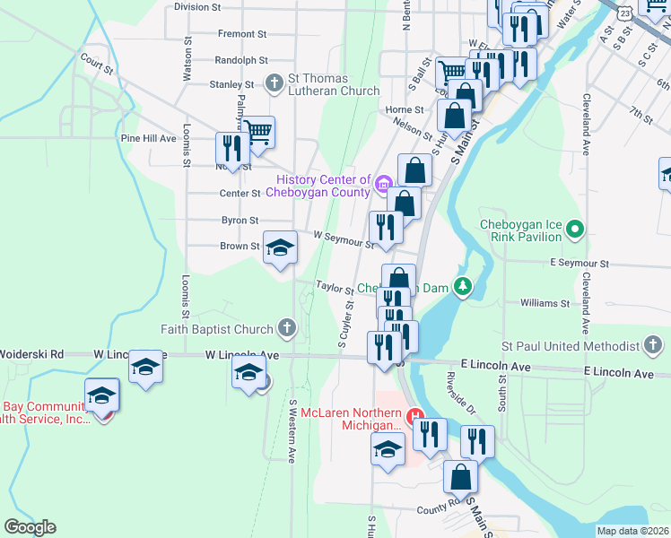 map of restaurants, bars, coffee shops, grocery stores, and more near 508 Taylor Street in Cheboygan