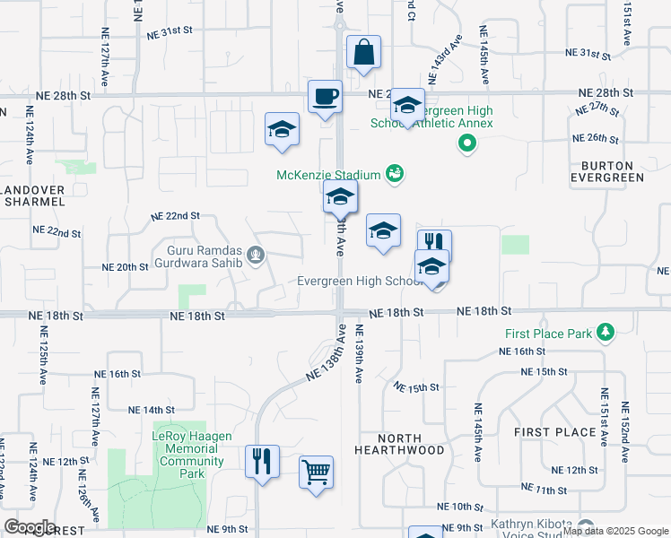 map of restaurants, bars, coffee shops, grocery stores, and more near 2017 Northeast 137th Court in Vancouver